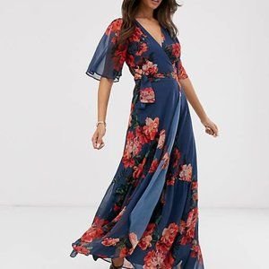 ASOS Hope and Ivy Flutter Sleeve Front Wrap Maxi Dress in Black Size 10 (M)